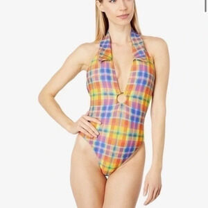 WeWoreWhat COLLAR RACERBACK ONE PIECE RAINBOW PLAID size XS B1110